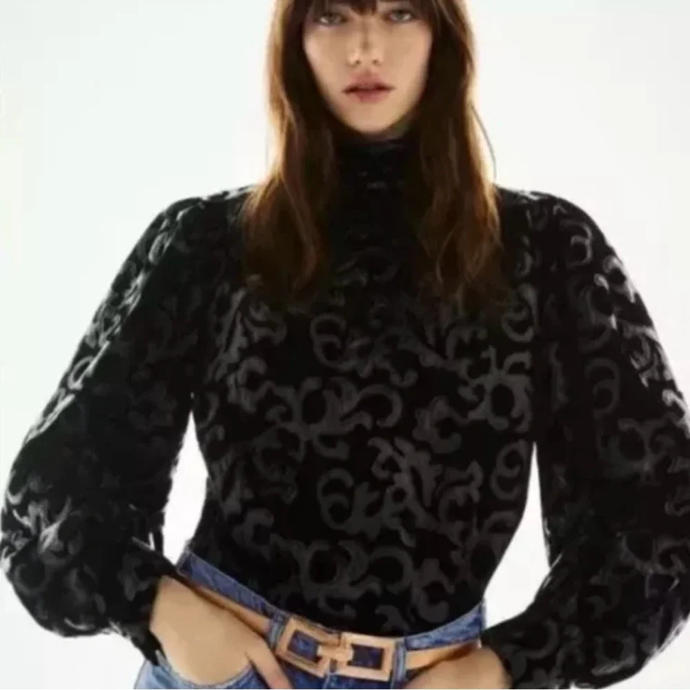 ZARA Bloggers Favorite Black Combination Velvet Mock Neck Baroque Top US Small - Picture 2 of 11